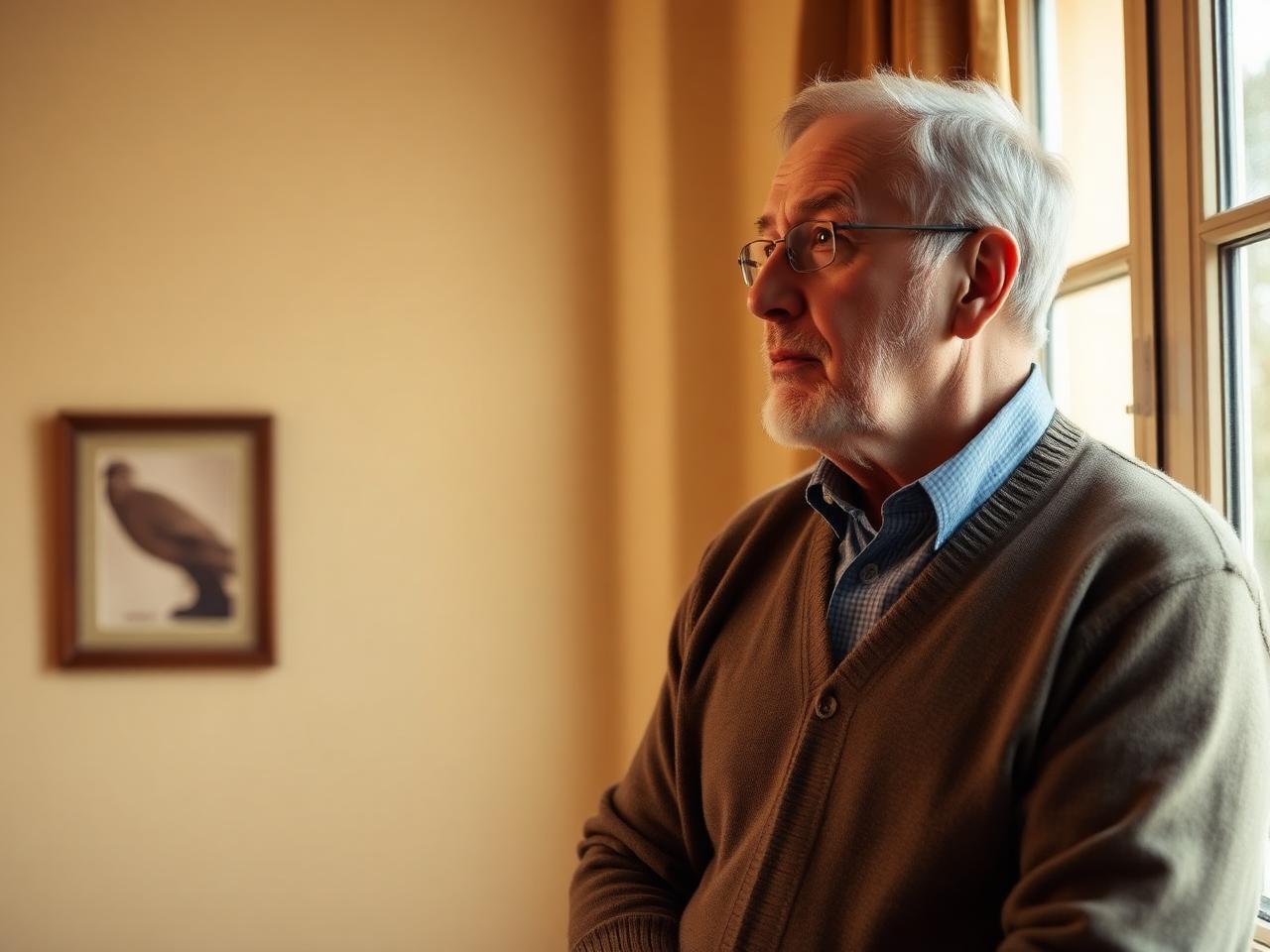 Älterer Mann sitzt in Ruhe am Fenster