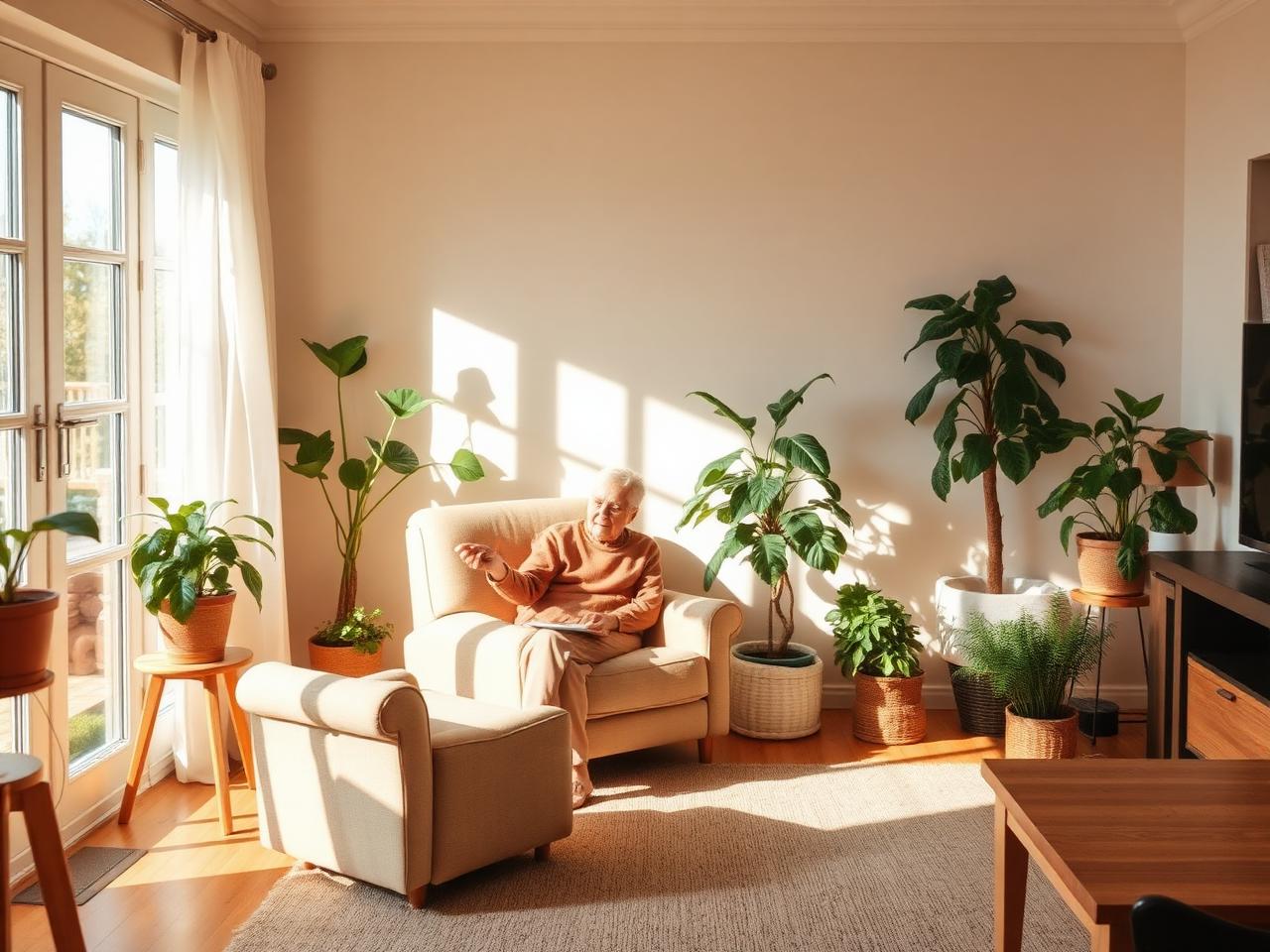 Helles Wohnzimmer mit Sessel und Pflanzen